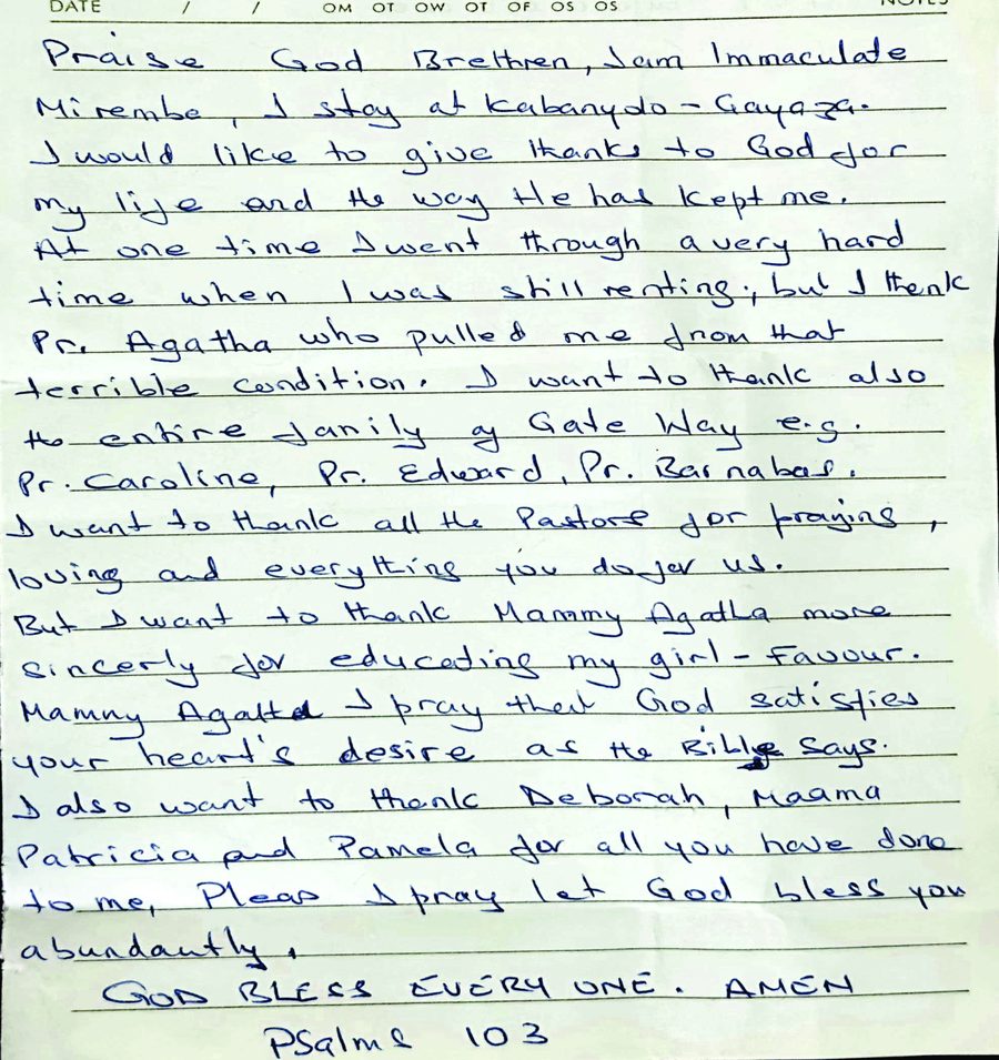 Handwritten testimony of Mama Mirembe Immaculate