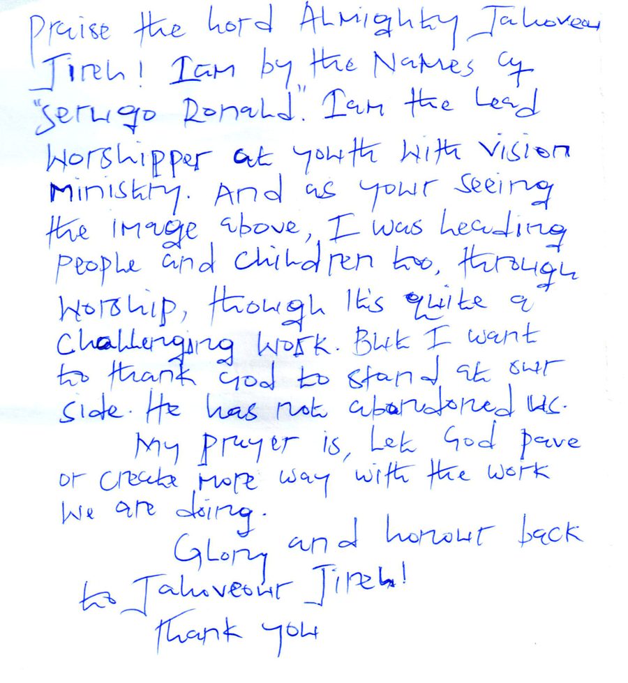 Handwritten testimony of Serugo Ronald