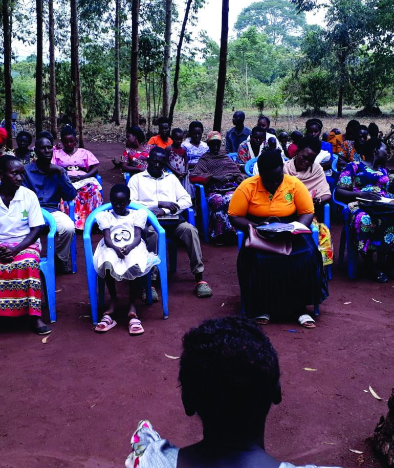 Tema congregation gathered under eucalyptus trees in Kikyusa